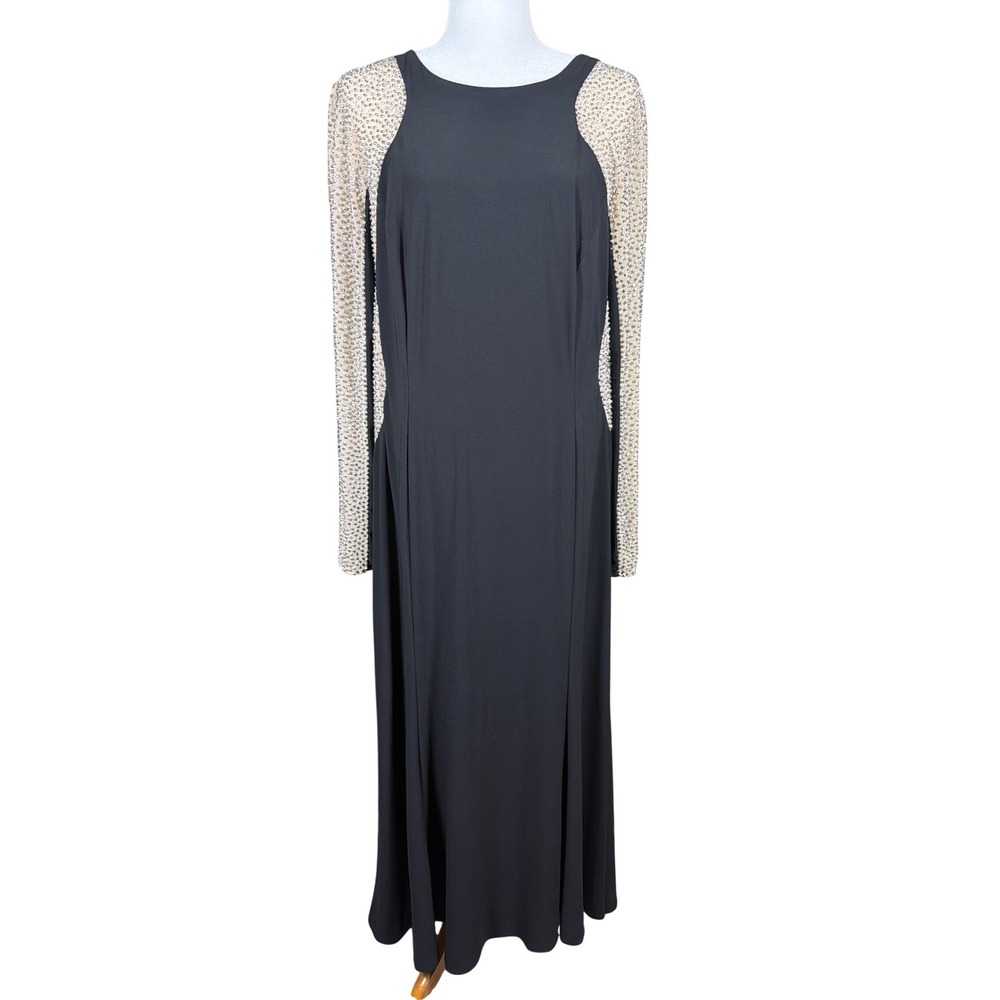 Xscape Womens Black Rhinestone Embellished Long Sleeve Evening Gown Dress